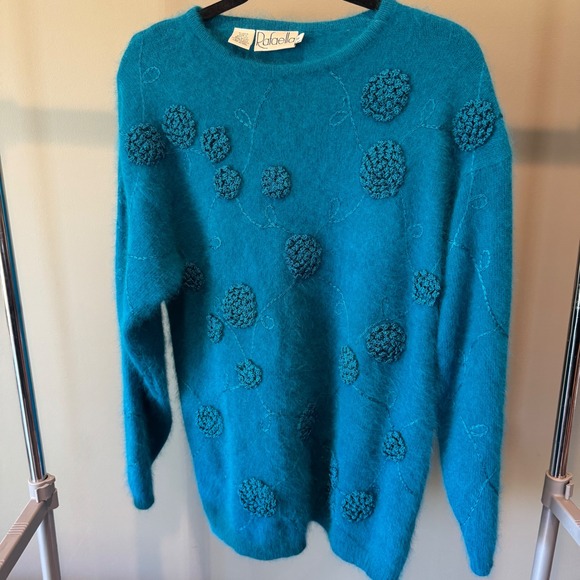 Vintage Rafaella Angora Rabbit Hair Embroidered Floral Sweater Turquoise S - Picture 1 of 8